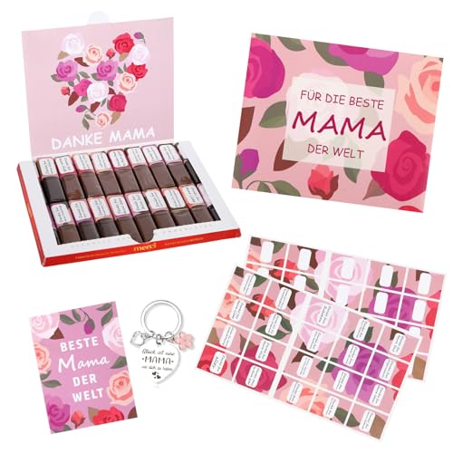 Aufkleber für Merci Schokolade 250g Muttertagsgeschenk für MAMA Danke Geschenk mit Schlüsselanhänger Danke muttertag Karte und Aufklebern Dankeschön Geschenke MAMA I Ohne Schokolade