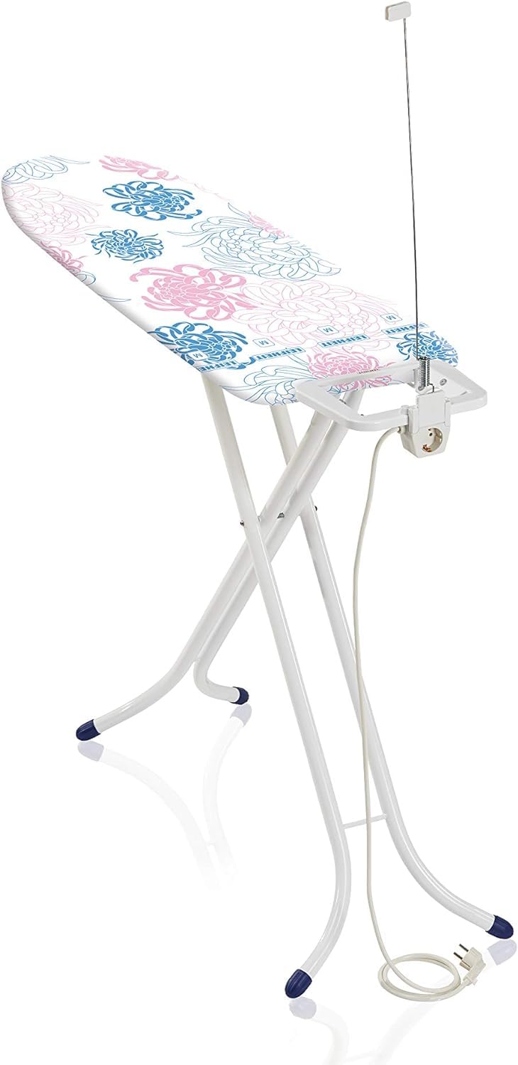Leifheit Bügelbrett Classic M Compact Plus, für Dampfbügeleisen geeignet, kompakter Bügeltisch mit dampfdurchlässiger Bügelfläche, Dampfbügelbrett mit Steckdose und Kabelhalterung
