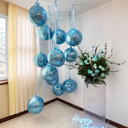 Image of 14 Pcs Blue Round Foil Balloons 22 /15 /10 4D Ball Balloons Light Baby Blue Metallic Balloon Ornament Mylar Balloon Chrome for Birthday Graduation Wedding Anniversary Ocean Disco Party Decor