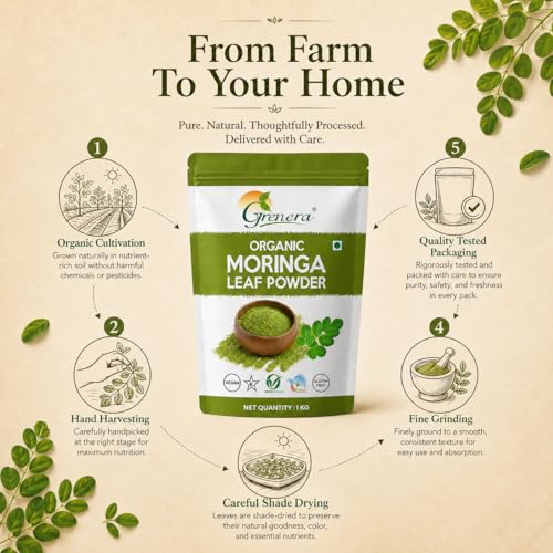 Image of Grenera Organic Moringa Leaf Powder 1 kg, Drumstick Leaf Powder, Pure Shigru for Healthy Life, Organic Certified, No Chemicals or Preservatives