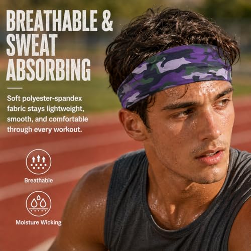 Image of 9 pcs Sweatbands for Men Workout Sport Headbands for Men Camo Headband Sweat Absorbing Headband Wide Sweatband for Head Basketball Football Cycling Running Yoga, 4.7 x 9.8 Inch