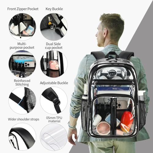 Image of Extra Large Clear Backpack Heavy Duty for Adults, XL TPU 18in Black Bookbag | See Through Stitch durable plastic Multi-Pocket Design For School Adults work Warehouses Airport security,check events