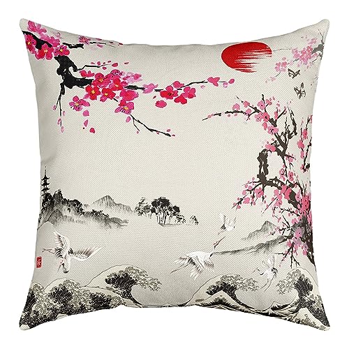 Homemissing Cranes Pillow Cases Cushion Covers Japanese Ukiyoe Decor Vintage Bed Set for Kids Ocean Wave Sun Cherry Blossoms Japanese Exotic Style Set of 1 Soft 16x16 Inch
