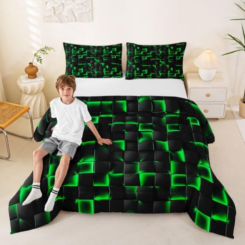 Image of Erosebridal Neon Black Green Boys Comforter Set Toddler Size Geometric Checkered Bedding Set for Kids Teen Men Gaming Room Decor,Abstract Ombre Plaid Comforter Grids Quilt Duvet