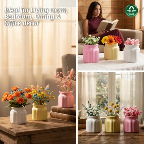 Image of TrustBasket Sereno Flower Vase Set of 3 - White Yellow Pink Plastic Vase for Home Decor, Table Top Vase for Living Room, Flower Vase for Dining Table Decoration, Modern Minimalist Decorative Vases