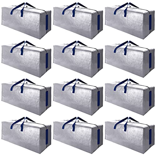 SWEET DOLPHIN 12 Pack Extra Large Moving Bags with Strong Zippers & Carrying Handles, Heavy Duty Storage Tote for Space Saving Moving Storage, Fold Flat, Alternative to Moving Box (Silver)