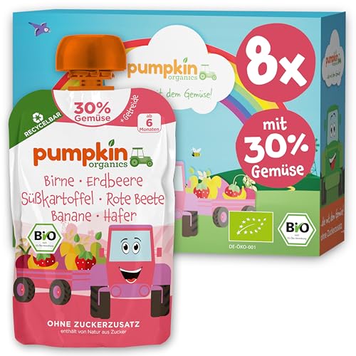 Pumpkin Organics Bio Gemüse-Getreide-Quetschies 8er Pack Birne, Erdbeere, Süßkartoffel, Rote Beete, Banane, Hafer ohne Zuckerzusatz¹ - ab dem 6. Monat - als Snack oder Beikost für unterwegs (8x100g)