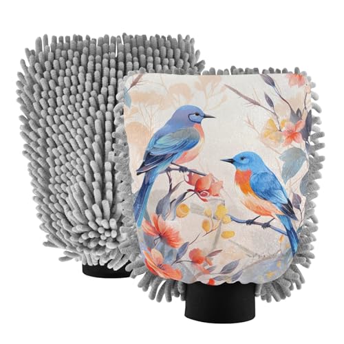 IOACIY Absorbent Microfiber Car Wash Drying Mitts, 2 Pack, Scratch-Free & Lint-Free, Rich Foam, Highly Absorbent, Double Sided, Wash Mitt Perfect for Car Washing, M, Chinese Painting Bird (3)