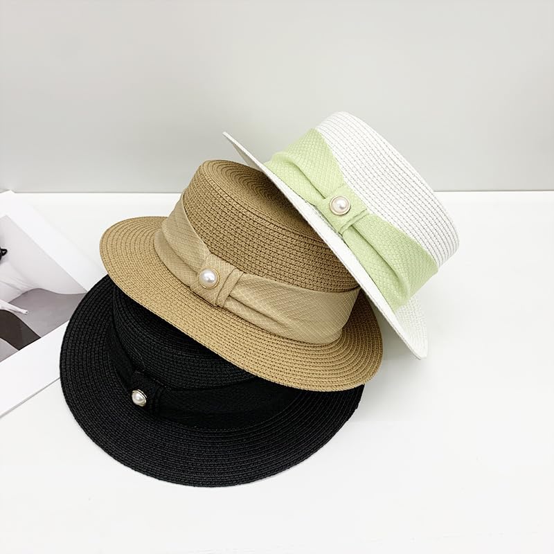 Sombrero de Paja de ala Ancha para Mujer,Ligero,Estilo Canotier,con Parte Superior Plana y Perla,Transpirable,para Actividades Al Aire Libre
