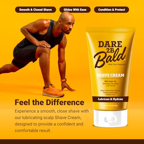 Image of High Time Dare 2B Bald Shaving Cream Sensitive Skin with Argan Oil, Tea Tree Oil, Shea and Cocoa Butter | Bald Head Shave Lotion for Rich Hydration and Moisture | 5.0 OZ
