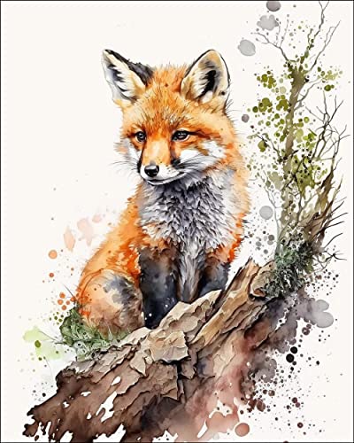 Image of 7Dots Art. Baby Animals with a Tree. Watercolor Art Print, Poster 8"x10" on Fine Art Thick Watercolor (Aquarelle) Paper for Children's Room, Bedroom, playroom, and Bathroom. Unframed. (Fox cub 1)
