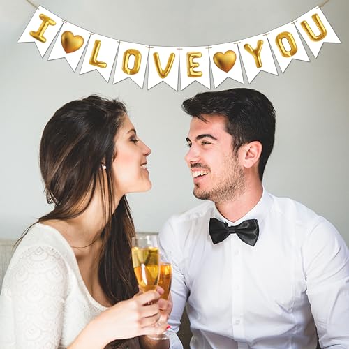 Image of Wobbox White & Golden Balloon inchI Love You inch Bunting Banner for Anniversary, Pre-Wedding & Wedding, Love Banner for Decoration