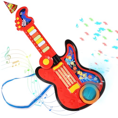 Kid Guitar, 4 in 1 Toddlers Guitar and Piano Guitars for Kids 3-5 with Strap Guitars for Toddlers 2-4 with Lullaby Projector Drum Toy Birthday Gift for 2 3 4 5 Year Old Boy Girl Gift