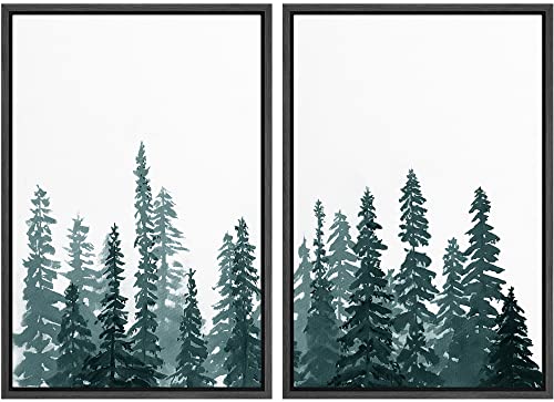 SIGNWIN Framed Wall Art Print Set Watercolor Green Pine Tree