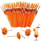 Chengu 100 Pcs Summer Halloween Pumpkin Cocktail Drink Umbrella Straws, Spooky Paper Straws with Pumpkins Orange Umbrellas Cocktail Drinking Accessories for Halloween Party Decorations