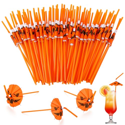 Chengu 100 Pcs Summer Halloween Pumpkin Cocktail Drink Umbrella Straws Spooky Paper Straws with Pumpkins Orange Umbrellas Cocktail Drinking Accessories for Halloween Party Decorations