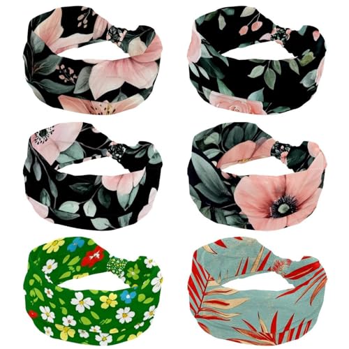 Lot de 6 bandeaux larges pour femmes bandeau sport antidérapant cheveux fleuri