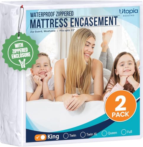 Image of Utopia Bedding King Mattress Protector Zippered 2 Pack, 100% Waterproof | Bed Bug and Dust Mite Proof Mattress Encasement, Absorbent 6 Sided Mattress Cover fits upto 15 inch deep, Machine Washable