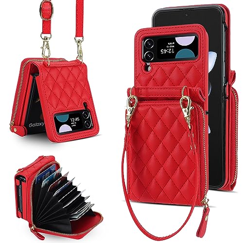 XIZYO Fermeture à Glissière Paquet de Cartes Flip PU Cuir Coque pour Samsung Galaxy Z Flip 3, avec Lanière Amovible et Réglable, Housse Filles Femmes Mignon Luxe avec Porte-Cartes, Rouge