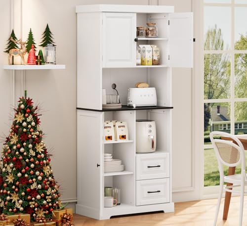 SILUMIN 71' Tall Kitchen Pantry Cabinet, White Wooden Storage Cabinet with Drawers & Wire Hole...
