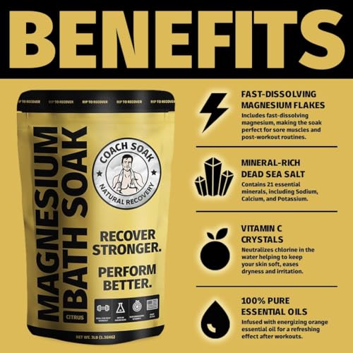 Coach Soak Magnesium Flakes Bath Soak - Absorbs Faster Than Epsom Salt Bath Soak for Pain - Recovery Bath Salts with Dead Sea Salt, 21 Minerals and Essential Oils (Energizing Citrus) - Image 3
