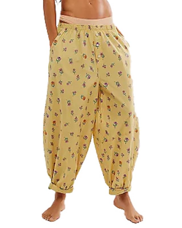 NUFIWI Women’s Floral Print Low Waist Harem Pants Cute Elastic Waist Loose Fit Lounge Pants Casual Slacks Beach Baggy Trouser