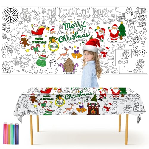 Yuaerbuo 183*90cm Ausmaltischdecke Kinder Weihnachts mit 18-Farben-Box...