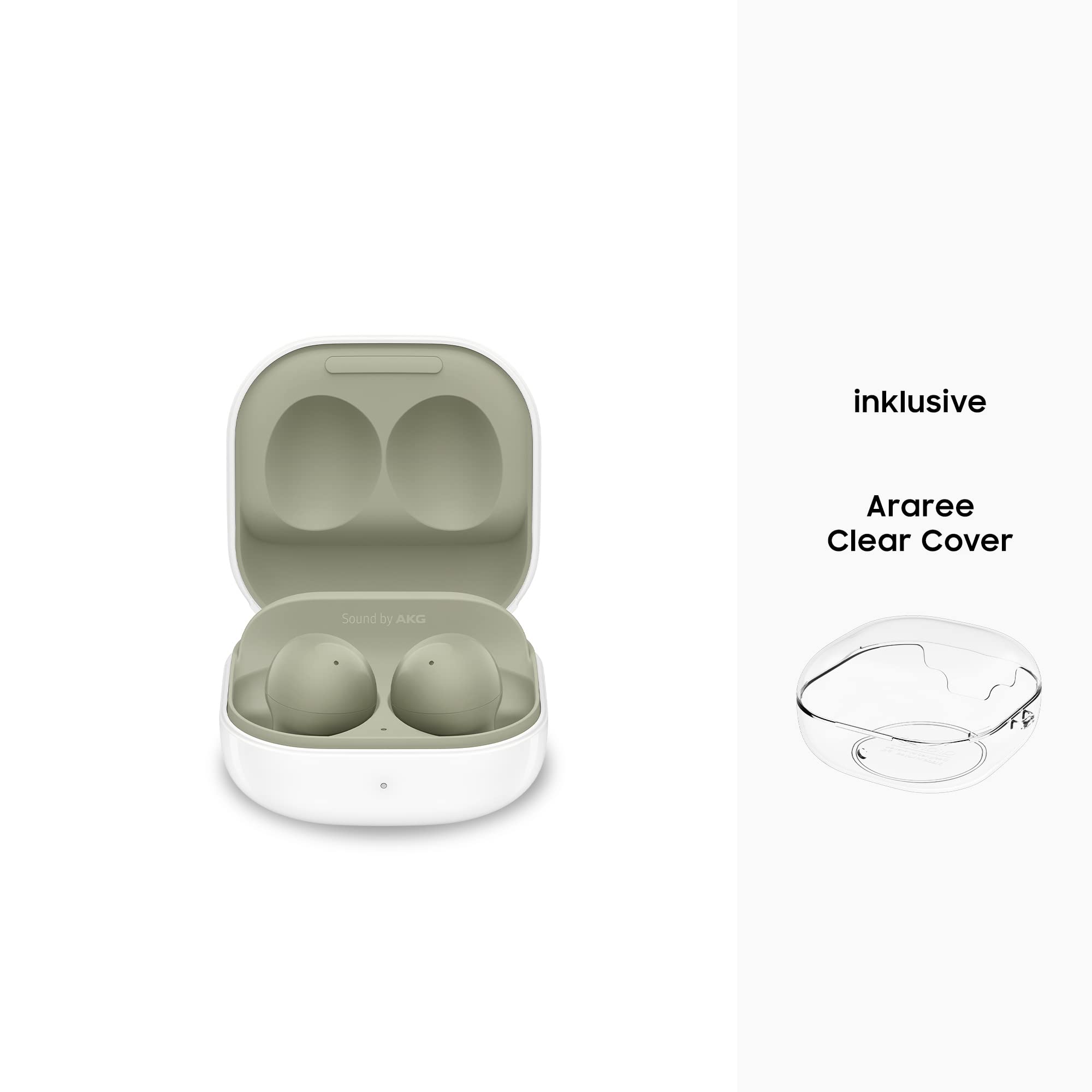 Samsung Galaxy Buds2, bezprzewodowe słuchawki, redukcja szumów (ANC), trwała bateria, 3 mikrofony, w zestawie Araree Nukin Clear Cover, oliwkowe (wersja niemiecka)