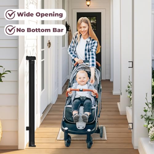 Image of 42 inch Extra Tall Retractable Baby Gates, 76 inch Wide Dog Gate for Stairs | Mesh Gate Indoor Outdoor for Doorways Deck Kitchen, Long Safety Gate for Child Toddler, Prevent Pet from Jumping Over, Black