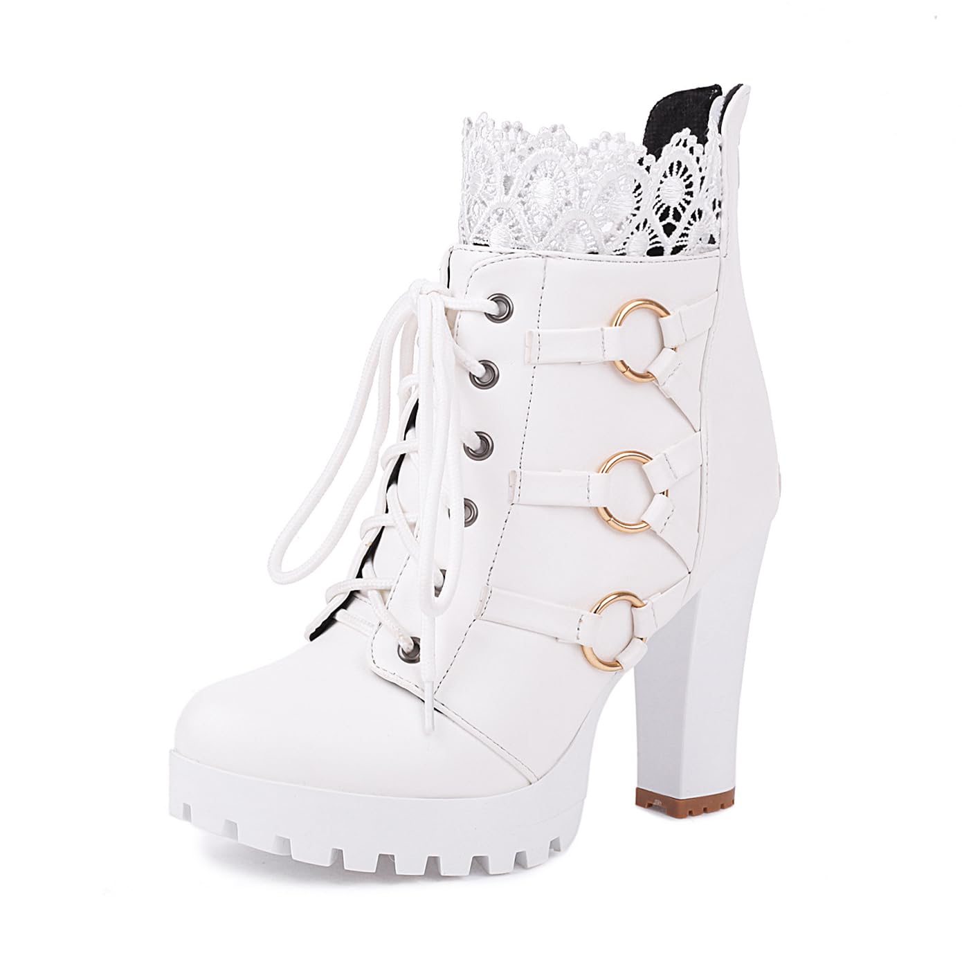 BEAUPAS Womens Gothic Platform Ankle Boots Lace-up Combat Boots with Gold Rings High Chunky Heel
