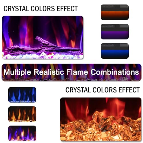 Image of 88-Inch Electric Fireplace, Recessed or Wall-Mounted Linear Heater, Ultra-Slim Frame, 1500W, 3 Flame Colors and 3 Top Lights, Log and Crystal Media, Remote, 1-9H Timer