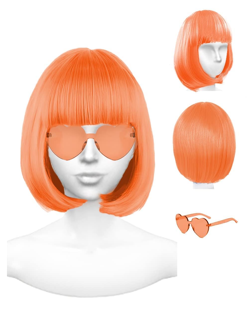 Featured Wigs with Party Sunglasses, Makeup Party Kit, Color Bob Wig, Cosplay Wigs and Party Wigs, Party Wigs Decorations Favors (Orange)