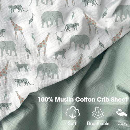 Image of Little Grape Land Muslin Crib Sheets Fitted for Boys and Girls 2 Pack, 100% Cotton Baby Bed Sheets Soft Breathable, Neutral Fitted Baby Mattress Sheets for Standard Crib 52x28, Safari