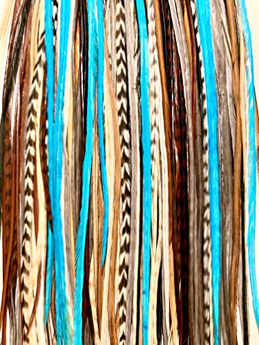 30 Natural & Turquoise Color Hair Feathers - Feathers for Hair Extension, Rooster Feathers DIY Kit - Eye-Catching Design - 10 Micro-link Beads - 100% Real Rooster Feathers
