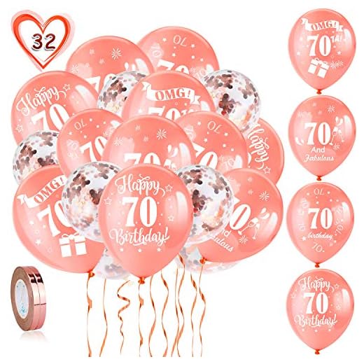 HOWAF Globos de cumpleaños, 30 Piezas 70 años cumpleaños Globos de Latex, Oro Rosa Globos de Confeti y 2 Cintas para Hombres y Mujeres Fiestas de 70 cumpleaños decoración Suministros