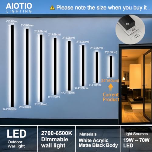Image of AioTio Modern Outdoor Wall Light for House,2pack 23.6inch Black LED Exterior Wall Sconces Lighting Fixtures, Outdoor Porch Light Fixture Dimmable Long Linear Wall Light Outside Lighting for Porch