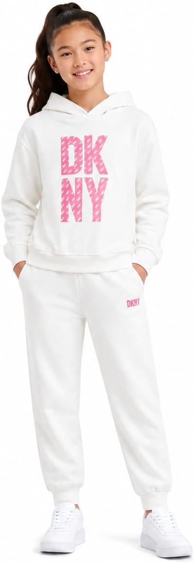 DKNY Girls Jogger Set - 2 Piece Soft Fleece Athletic Pullover Hooded Kids Sweatshirts and Jogger Sweatpants for Girls