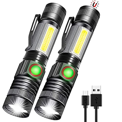 LED Flashlight Rechargeable, Tactical Flashlight Magnetic with Cob, Pocket-Size LED Torch with Clip, Waterproof, Zoomable, 4 Mode Flash Light for Camping, Emergency Use