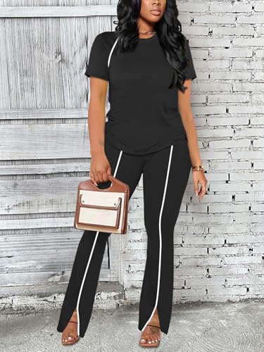 Image of STOLKISS Women 2 Piece Outfits Summer Workout Sweatsuit Striped Short Sleeve Long Flare Pants Casual Travel Tracksuit