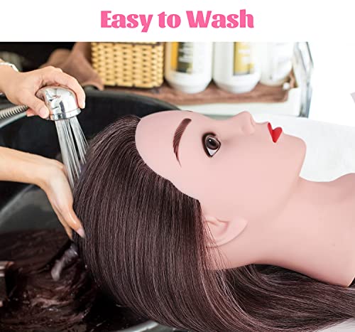 TopDirect Frisierkopf, 75 cm/ 29.5 Zoll Übungskopf Friseur, Frisurenkopf 100% von künstlichen Haare, Puppenkopf zum Frisieren mit Flechthilfe & Halterung, Rosa + Braun