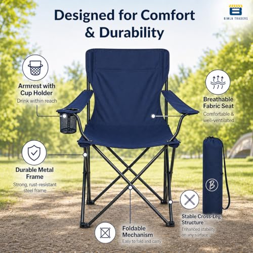 Image of Foldable Camping Chair with Armrest & Cup Holder, Portable Outdoor Chair with Carry Bag for Camping, Picnic, Fishing & Travel - Navy