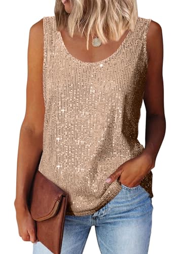 MLEBR Womens Tanks Summer Fashion 2025 Sequin Blouses Scoop Neck Sequin Sparkle Glitter Tops Sleeveless Tanks Tops Shirts Gold L