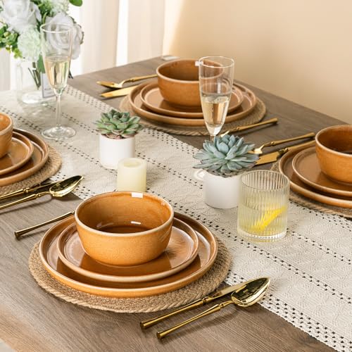 Image of GBHOME Ceramic Dinnerware Sets for 4, 12 Pieces Stoneware Plates and Bowls Sets, Scratch Resistant Dishes, Dishwasher & Microwave Safe, Reactive Glaze-Amber