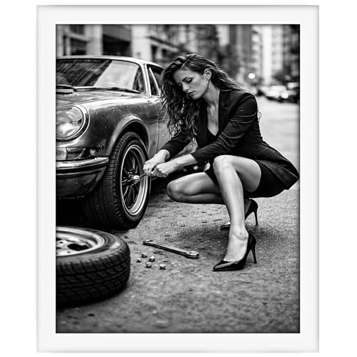 Posterizer - Sexy Mechanic Print - Classic Car and woman Poster - Retro Car Enthusiast Art - Black and White Photography Poster for Garage or Bedroom - 11x14 framed wall art