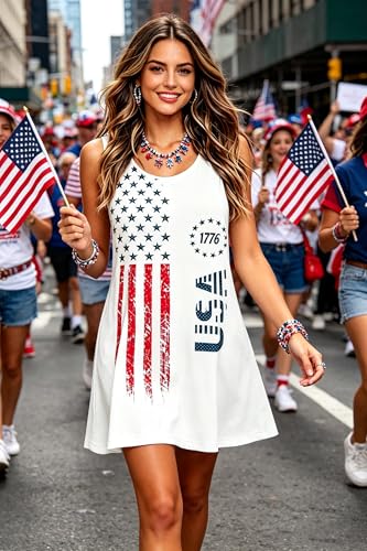 Image of Roshop Womens Juneteenth Flag Sleeveless Dress 4th of July Patriotic Swing Sundress with Pockets