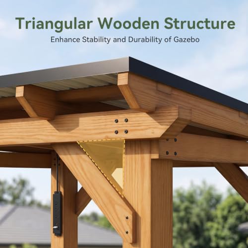 Image of Aoxun 8' x 5' Cedar Wood Grill Gazebo with Weather-Resistant Power Strip | Hardtop BBQ Gazebo, Permanent Wooden Pavilion with Sloped Galvanized Steel Roof and Bar Tops for Backyard, Patio