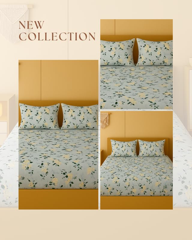 Image of NEW LEAF 320 TC Cotton All Around Elastic Fitted Printed Bedsheets King Size, Premium Fitted Bedsheets King Size for Double Bed with 2 Pillow Covers, Size- 78 inch x 72 inch Mint Green