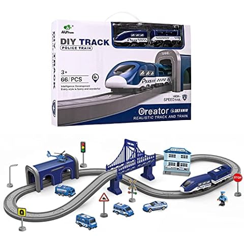 XIAPIA Railway Learning Educational Toys, Train Sets for Kids Boys Girls Age 3 Years Up, 66 Pcs Electric Track Accessories Car Set (blue police) Cover
