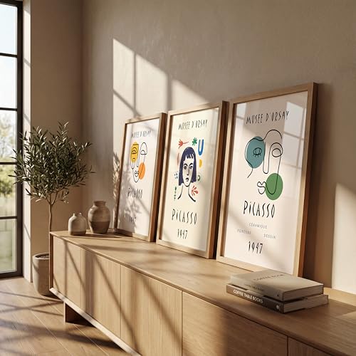 Image of NoWorries Abstract Art Wall Frame | Minimal Line Artwork Wall Paintings 300 GSM Premium Prints | Modern Museum Style Decor for Living Room, Bedroom & Office | Inspired Contemporary Abstract Synthetic Wooden Wall Art Frames (Set of-3) (NATURAL, ART-2, 13X19INCHES)
