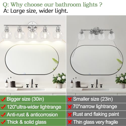 Image of Indoi 5-Light Bathroom Light Fixture, Chrome Bathroom Wall Light with Clear Glass Globe Shades, Modern Vanity Lights Over Mirror for Bathroom, Bedroom, Kitchen, Living Room, Hallway